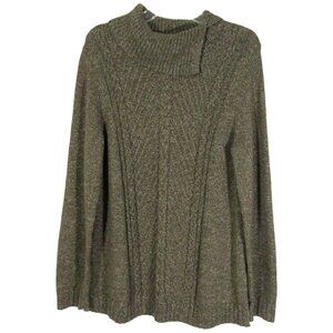 Talbots Heather Green Foldover Collar Long Sweater Size L Cable Knit Cotton